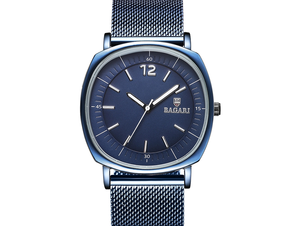 Relógio de pulso masculino Bagari, elegante e sofisticado, com mecanismo de quartzo e pulseira de aço inoxidável.