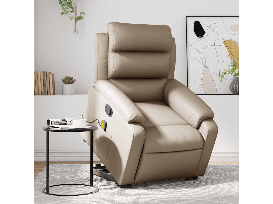 Vidaxl Poltrona Massagens Reclinável Elevatória Couro Art. Cappuccino
