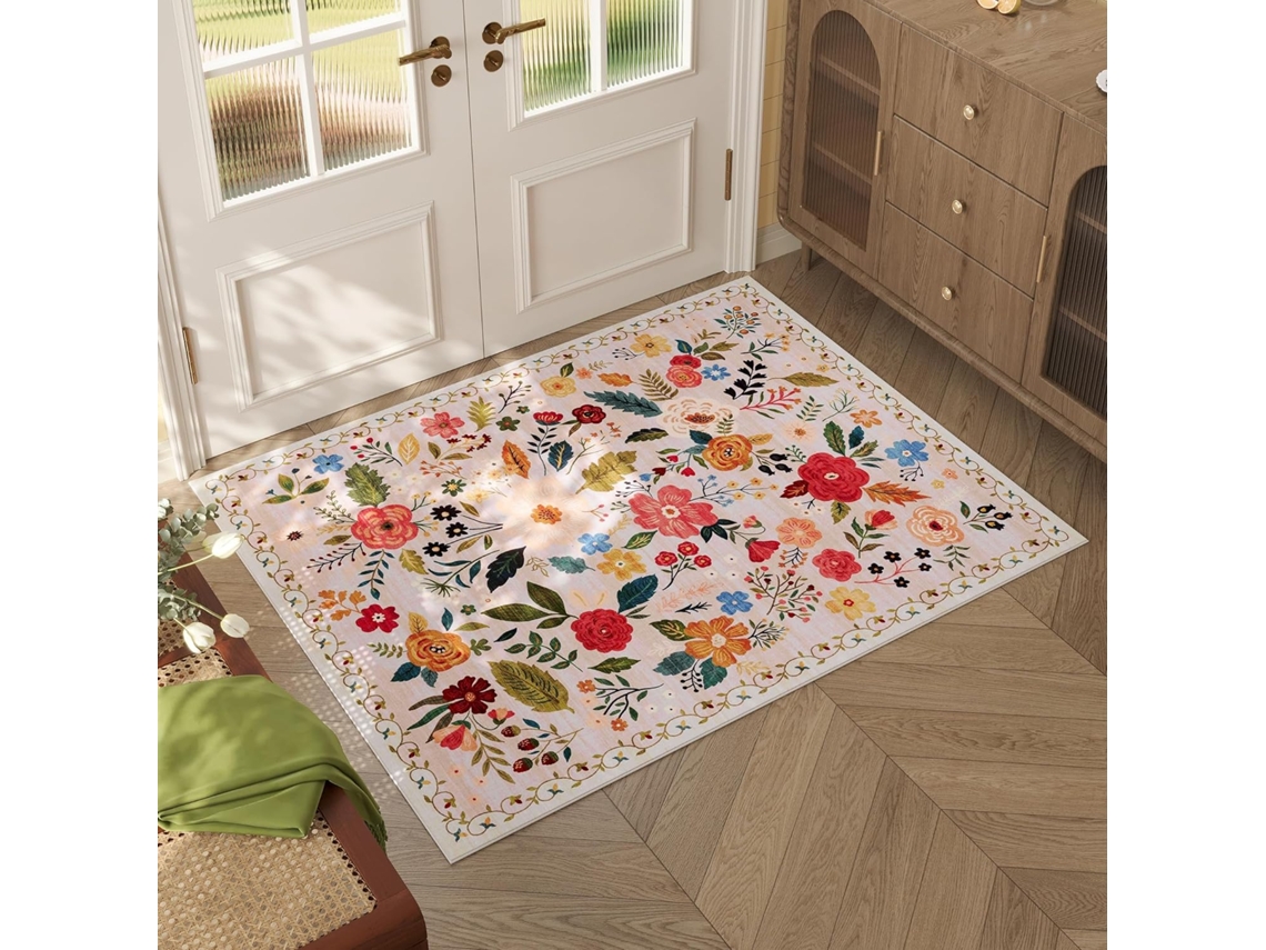 Tapete Entrada 2x3 Pés Boho Floral Bege Baixo Pelo Lavável