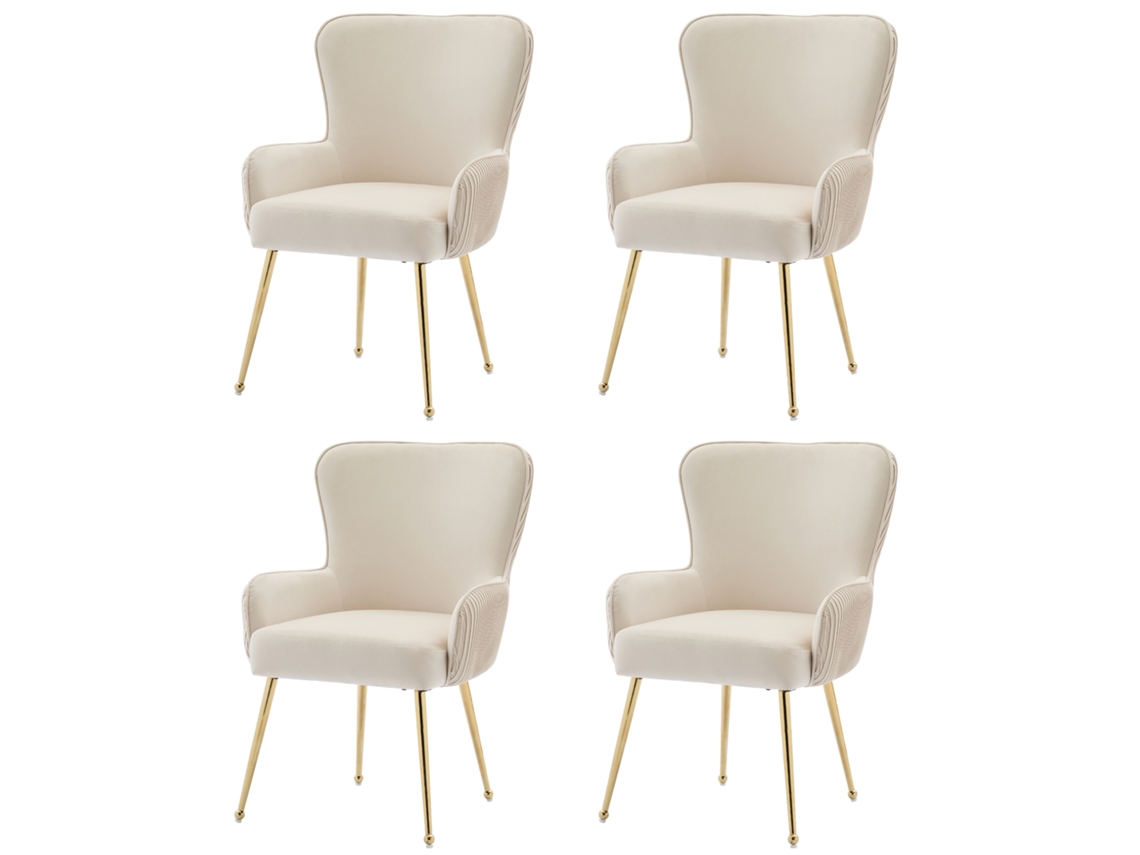 Conjunto De 4 Cadeiras De Veludo Com Braços E Pernas De Metal Dourado Bege E Dourado Mobrio