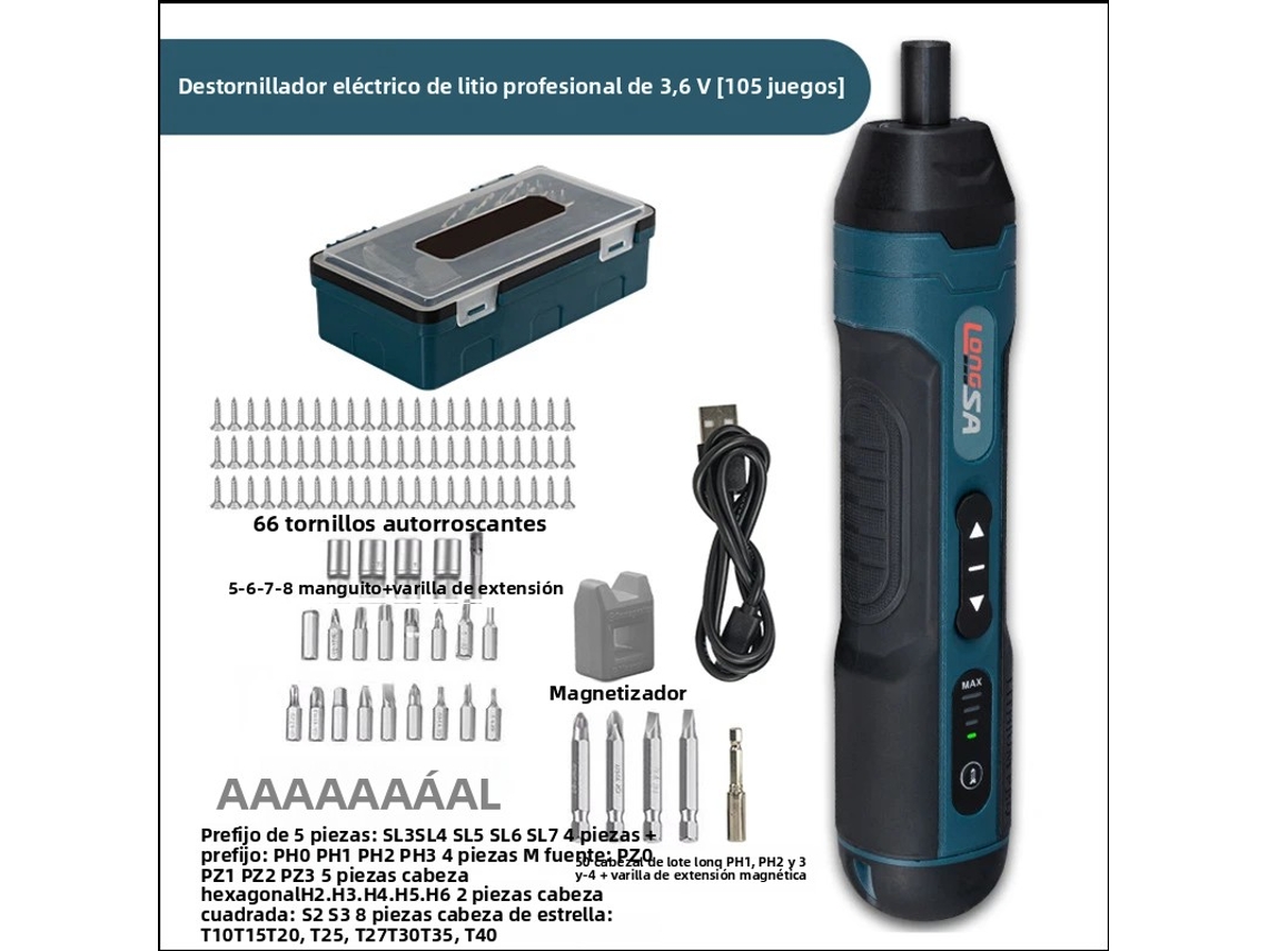 Conjunto De 105 Peças De Parafusadeira Elétrica Recarregável De 3,6 V E 1300 Mah, Com 4 Níveis De Torque E Bateria Inclusa.