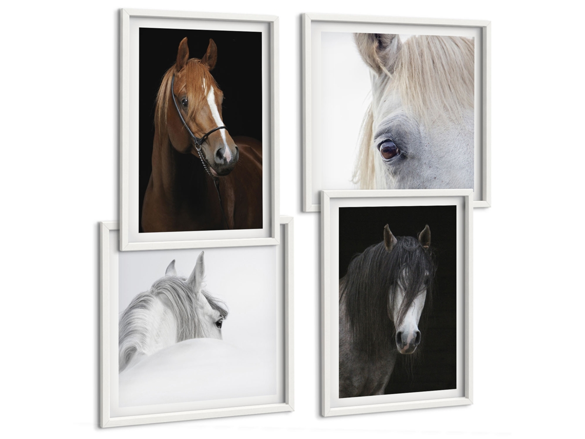 Quadros Decorativos Para Parede Retratos De Cavalos Em Tons De Pelo Moldura Branca Quadros Para O Escritório Espelharte (conjunto De 4 Imagens)