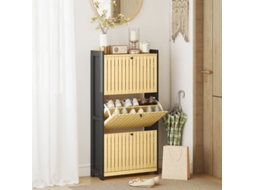 Sapateira para 18 pares com 3 gavetas basculantes, portas de bambu com ripas, 60x24x118 cm, marrom e madeira natural.