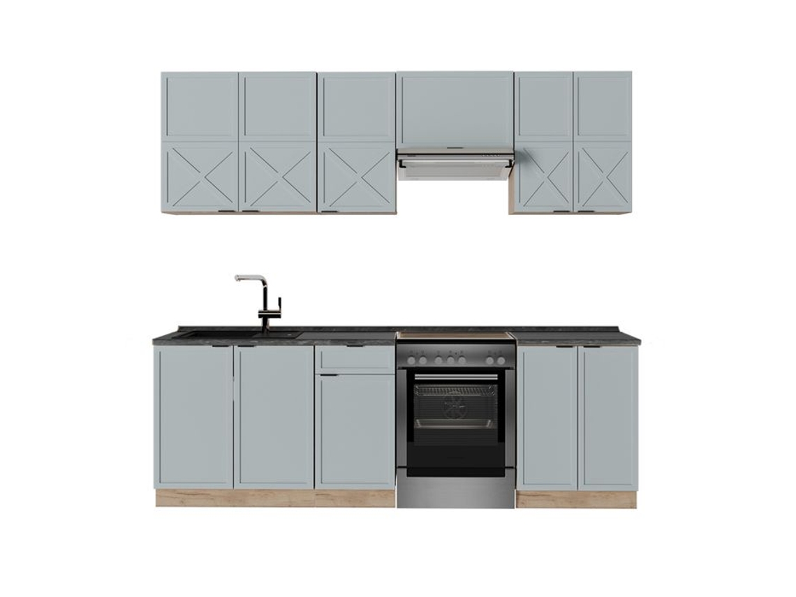 Cozinha Fame Line, 240cm, Pt Antracite, Azul Claro Cinza/chêne Força De Ouro, Chêne De Força Dourado, Vicco