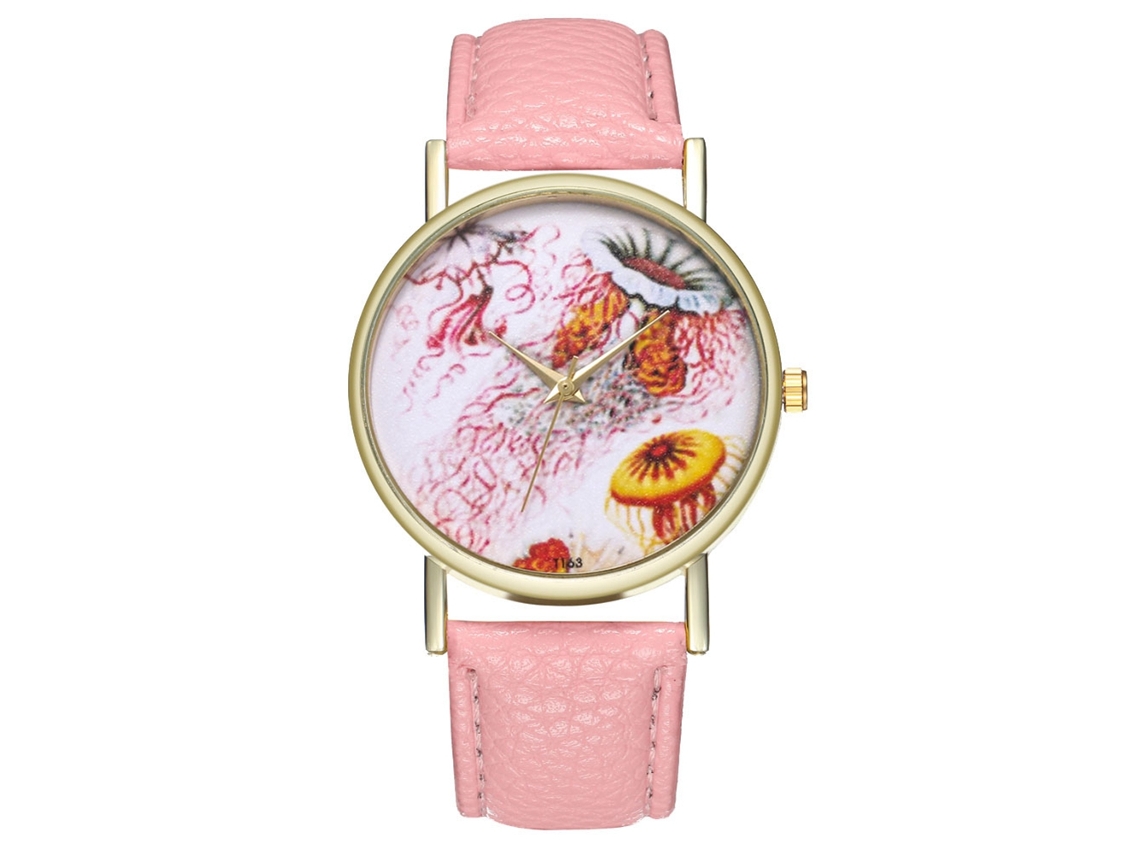 Relógio casual de quartzo para homens, mulheres e meninas com pulseira de couro PU rosa.