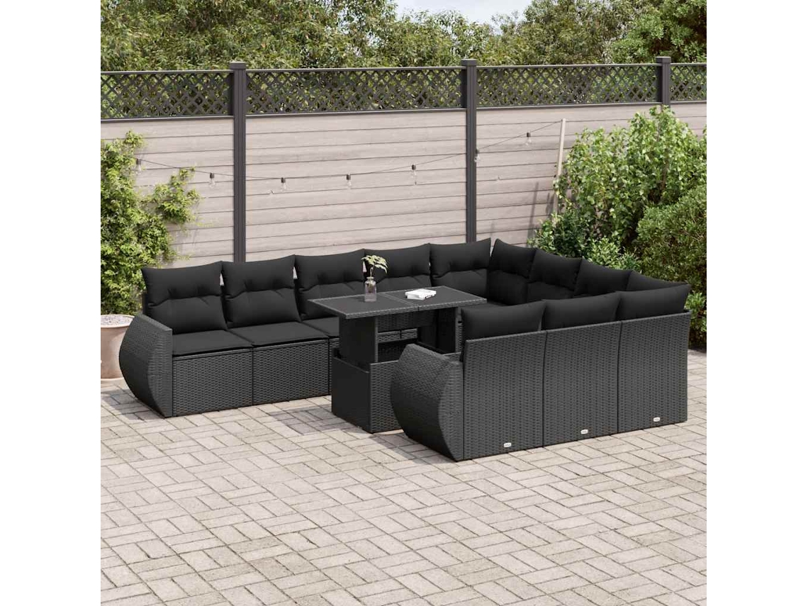Vidaxl 11 Pcs Conjunto Sofás De Jardim C/ Almofadões Vime Pe Preto