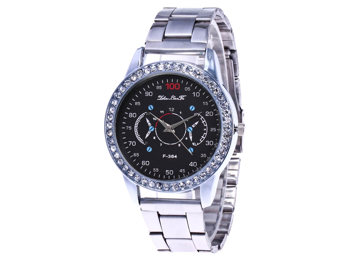 Relógio de pulso masculino elegante com strass, mecanismo de quartzo e pulseira de aço.