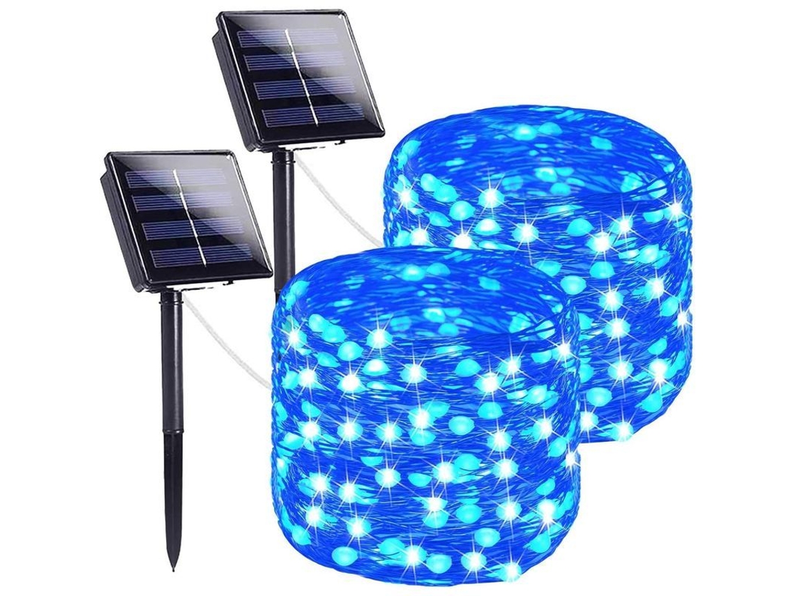 Luces De Cadena Solares Exteriores 2 Pack 200 Led Azules Ultra Brillantes Para Decoración Al Aire Libre