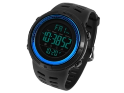 Relógio esportivo digital masculino com luz de fundo, redondo, à prova d'água, azul.
