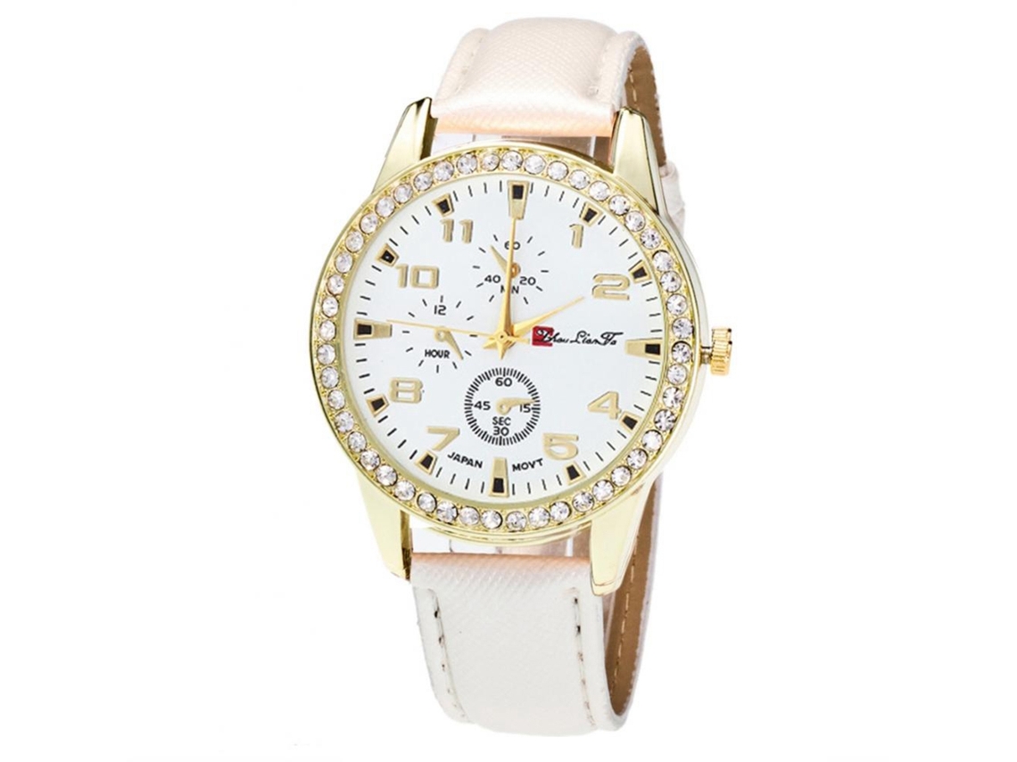 Relógio de casal Zhoulianfa Quartz com pulseira de couro PU e strass branco.