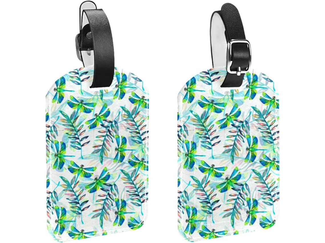 Conjunto De 2 Etiquetas Bagagem Em Imitação Couro Com Libélula Verde