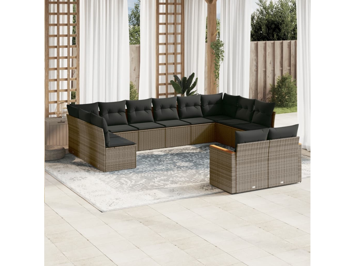 Conjunto de Sofás 12 Peças Jardim C/ Almofadões Vime Pe Cinzento Dkd Home Decor