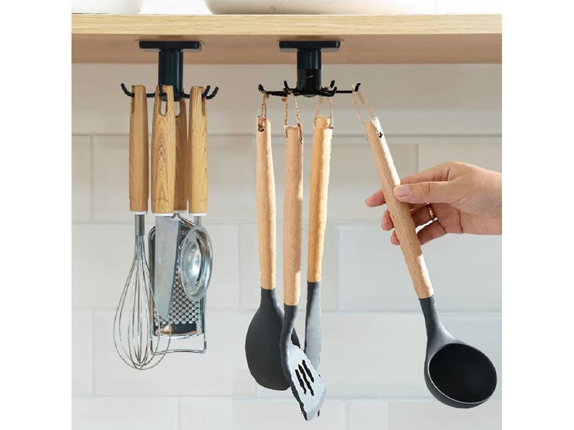 2026 soporte Giratório 360° para Utensílios de Cozinha Conjunto 2 com 6 Ganchos Instalação Sem Furo Organizador Preto
