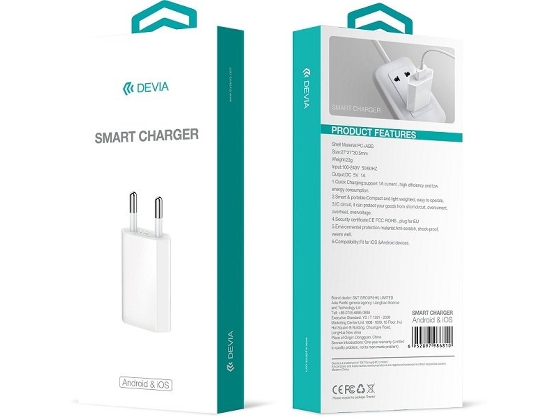 Carregador De Parede Inteligente 1a Usb, Compatível Com Iphone, Samsung E Android