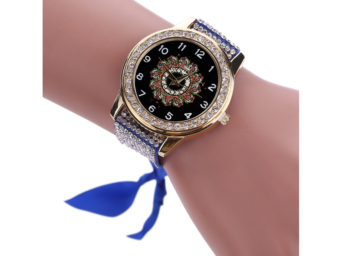 Relógio de Pulso Feminino de Quartzo com Pulseira de Tecido e Strass Dial Estampado Azul