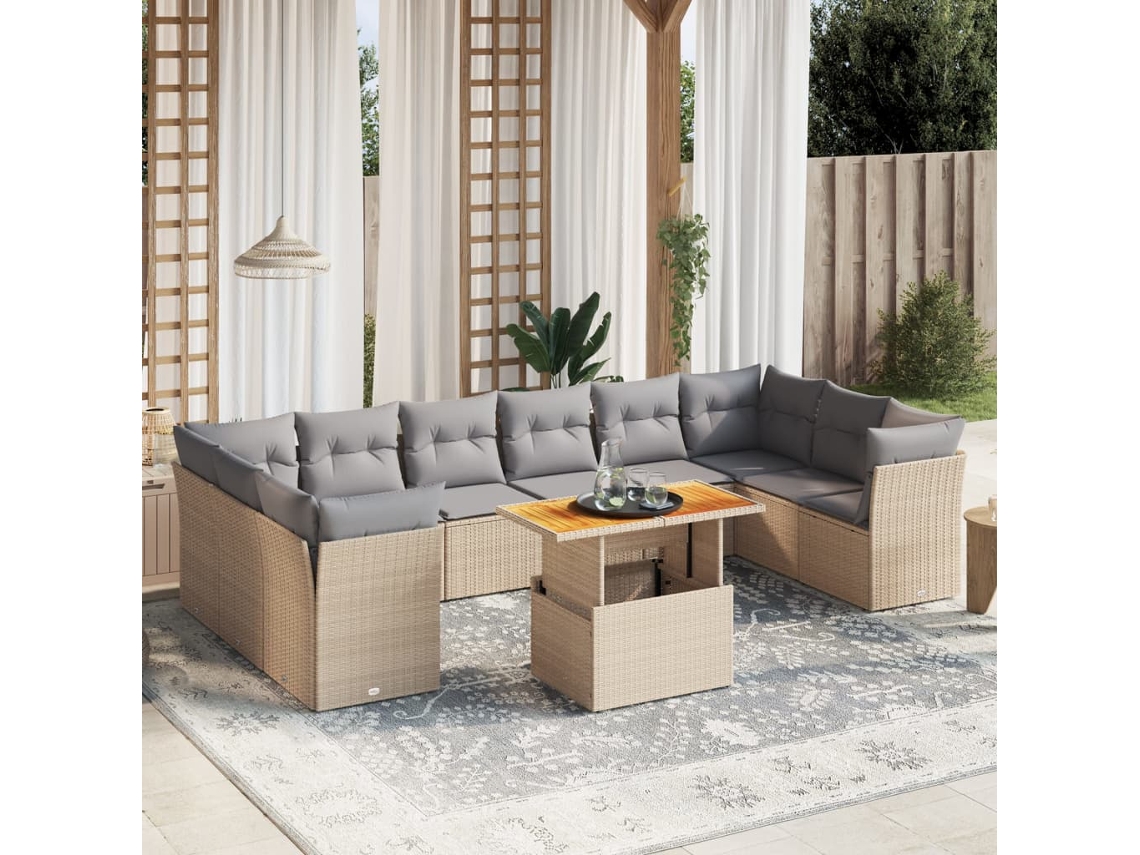 Vidaxl 11 Pcs Conjunto Sofás De Jardim C/ Almofadões Vime Pe Bege