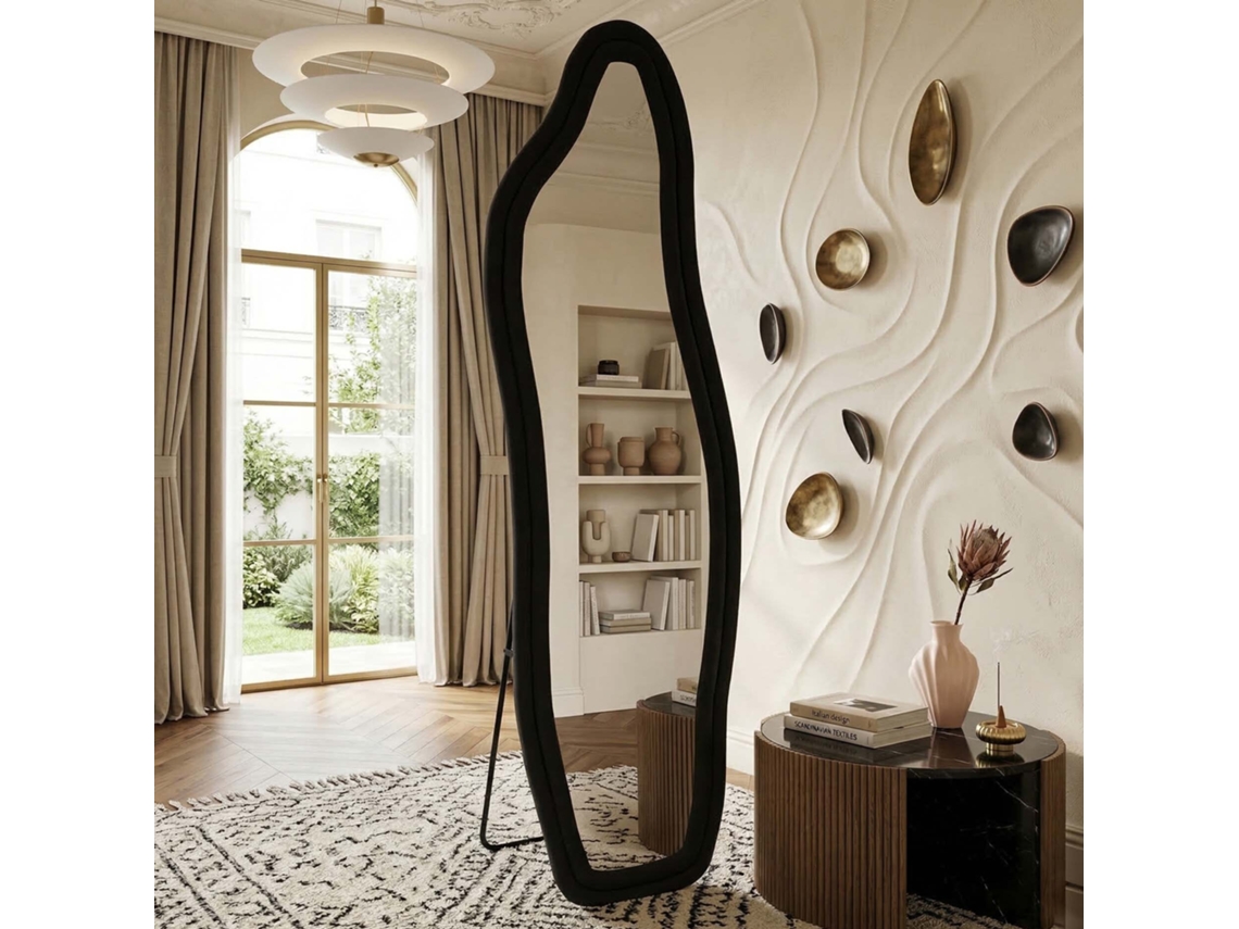 Espelho de Corpo Inteiro Irregular Ondulado em Veludo de Cristal e Alumínio para Quarto e Sala, Preto, 160x50 Cm LAZYSPACE