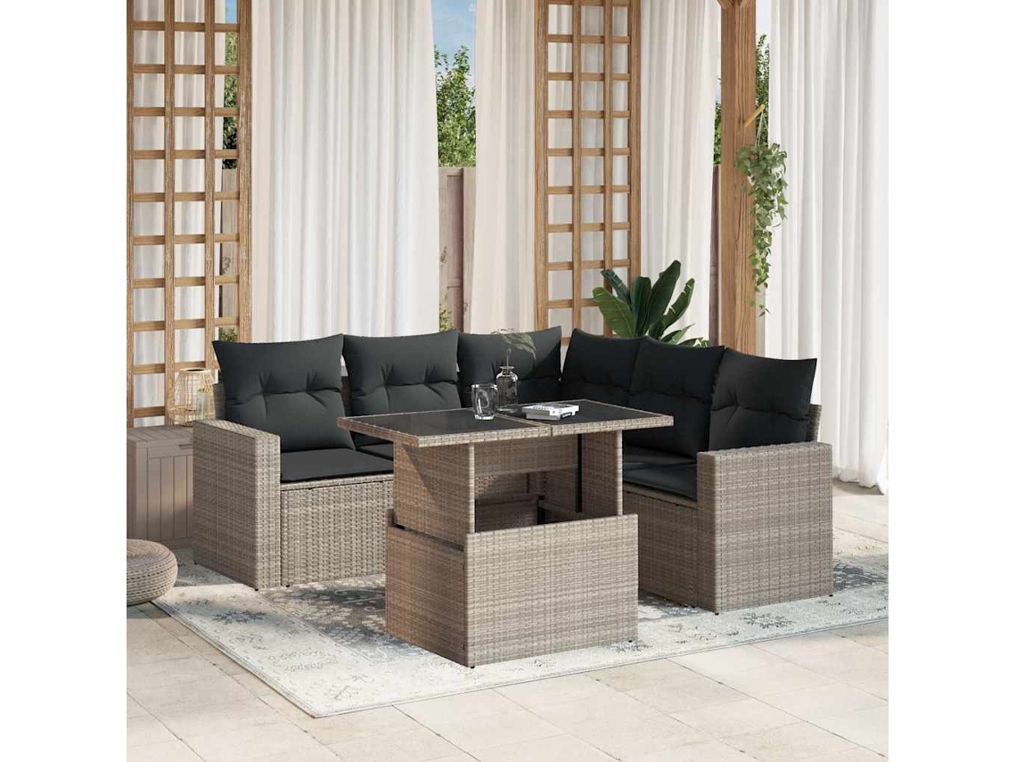 Vidaxl 6 Pcs Conj. Sofás Jardim Com Almofadões Vime Pe Cinzento-claro