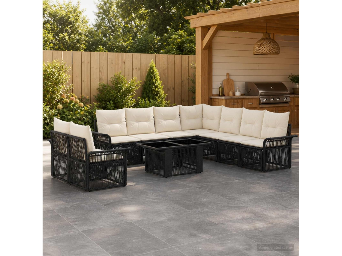 Vidaxl Conjunto De Sofá De Jardim 10 Unid. Preto E Branco Creme