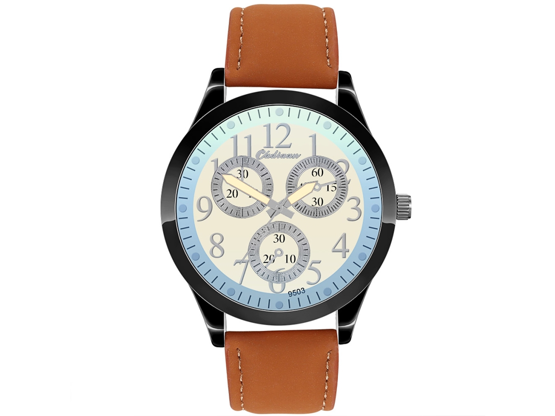 Reloj De Cuarzo Para Hombre Con Correa De Cuero Pu, Dial De Tres Ojos, Moda