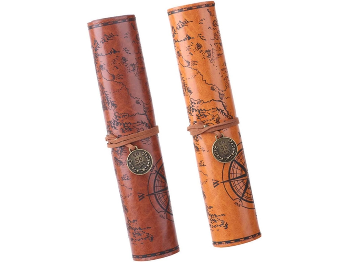 Estojo Enrolável Para Lápis E Pincéis De Maquiagem, 2 Peças, Couro Pu Vintage, Grande Capacidade, Design Compacto E,