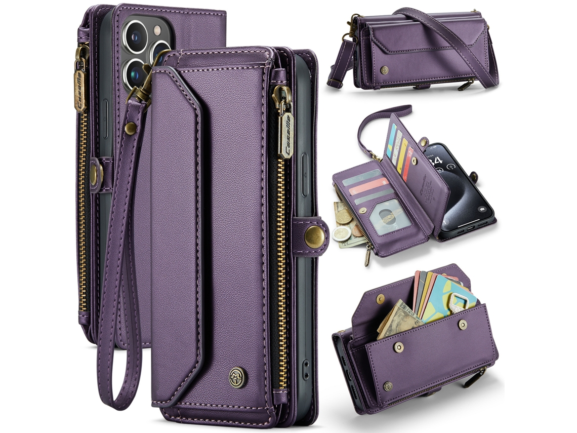 Capa De Couro Multifuncional Para Celular Com Zíper E Aba.roxo - Iphone 15 Plus