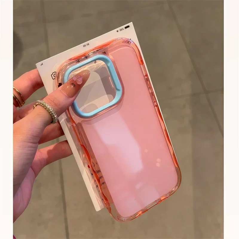 Capa Para Celular Estilo Doce, Resistente A Impactos, Com Moldura Macia Em Blocos De Cores (rosa E Azul Para Iphone 15 Pro Max).