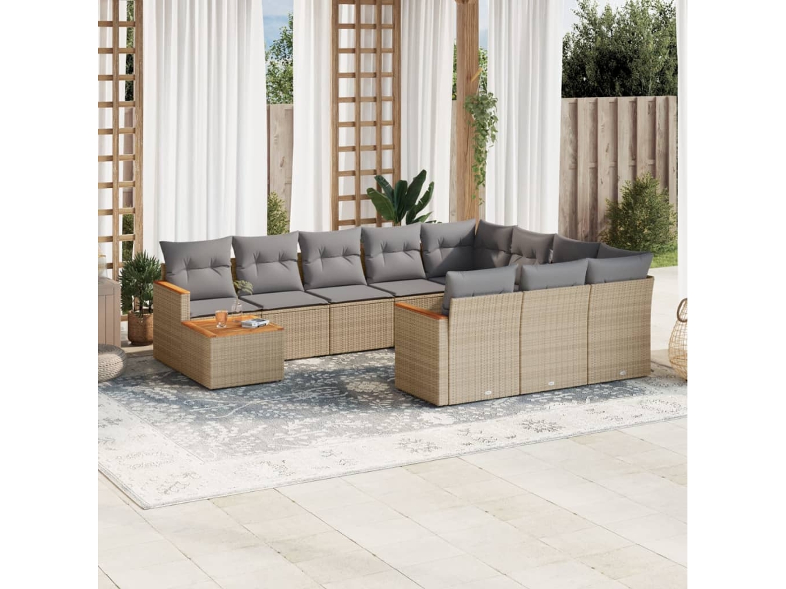 Vidaxl 11 Pcs Conjunto Sofás De Jardim C/ Almofadões Vime Pe Bege