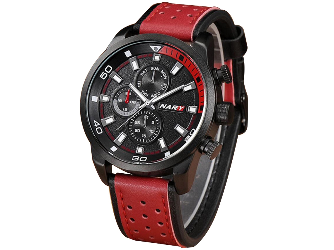Relógio masculino Nary, caixa em liga metálica, resistente à água, pulseira em couro PU, vermelho e preto com detalhe olho de gato.