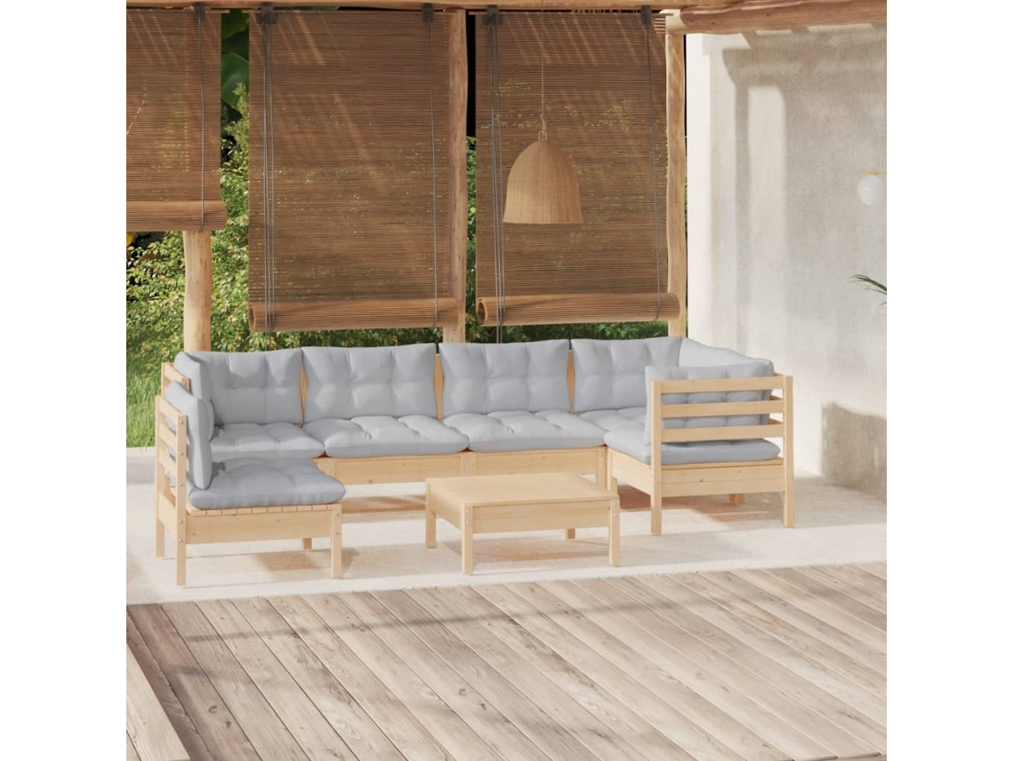Vidaxl 7 Pcs Conjunto Lounge De Jardim C/ Almofadões Cinza Pinho