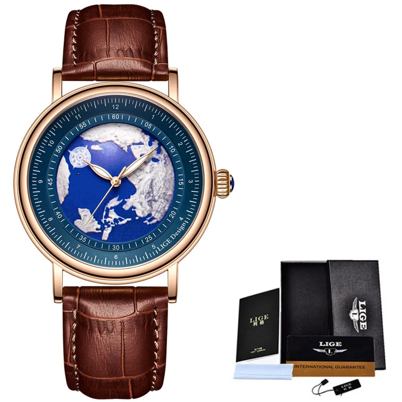 Relógio De Quartzo (dourado E Azul), Pulseira De Couro Genuíno, Estilo Militar, Resistência À Água De 30 Atm.
