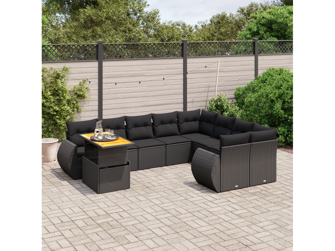 Vidaxl 10 Pcs Conjunto Sofás De Jardim C/ Almofadões Vime Pe Preto