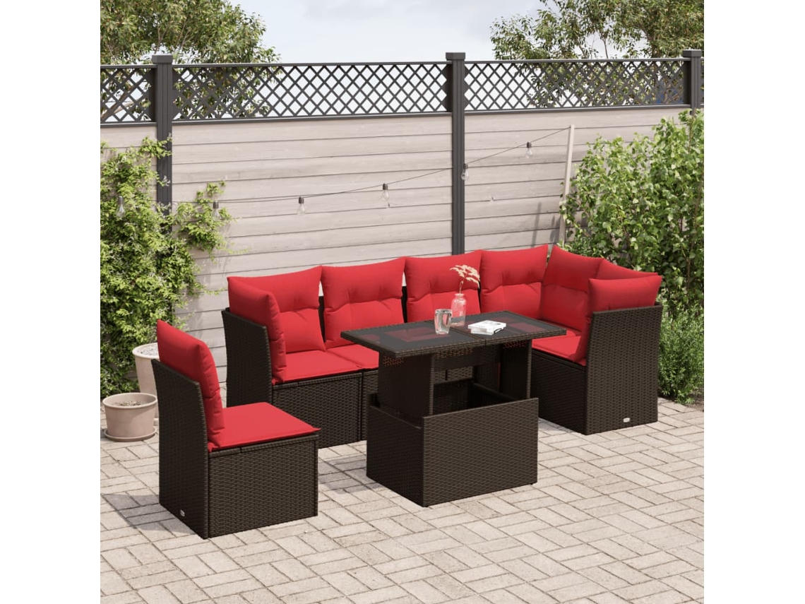 Vidaxl Conjunto De Sofá De Jardim Com 7 Peças E Almofadas Em Rattan Sintético Marrom