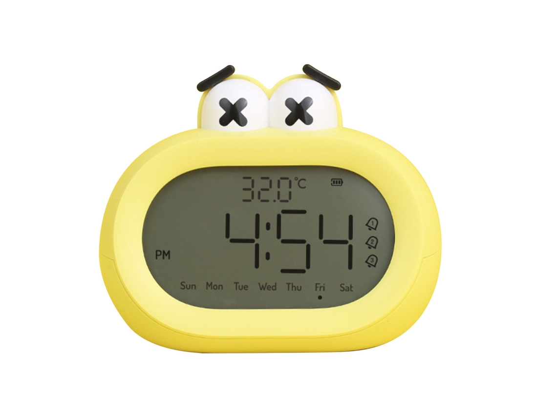 Despertador infantil Baok com luzes LED digitais inteligentes, design suave, funciona com pilhas e possui luz noturna amarela.