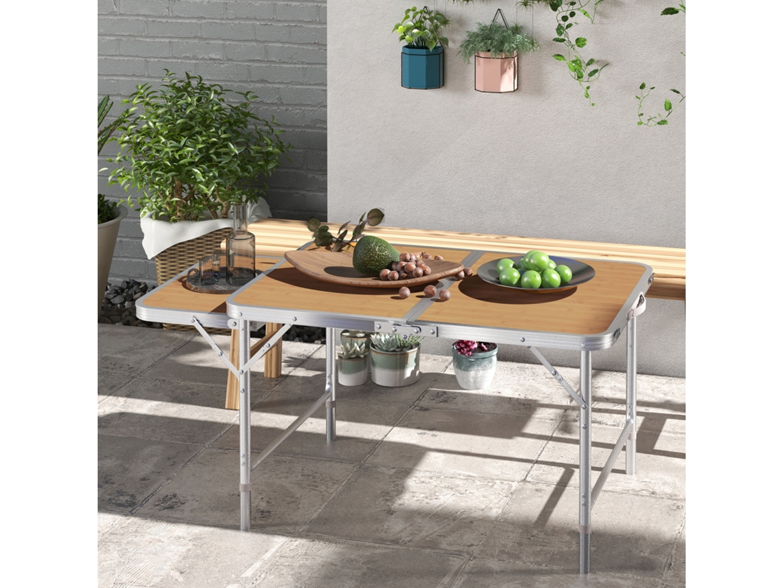 Mesa Dobrável Para Camping Com Extensão Em Alumínio. Mdf Com Efeito Bambu.