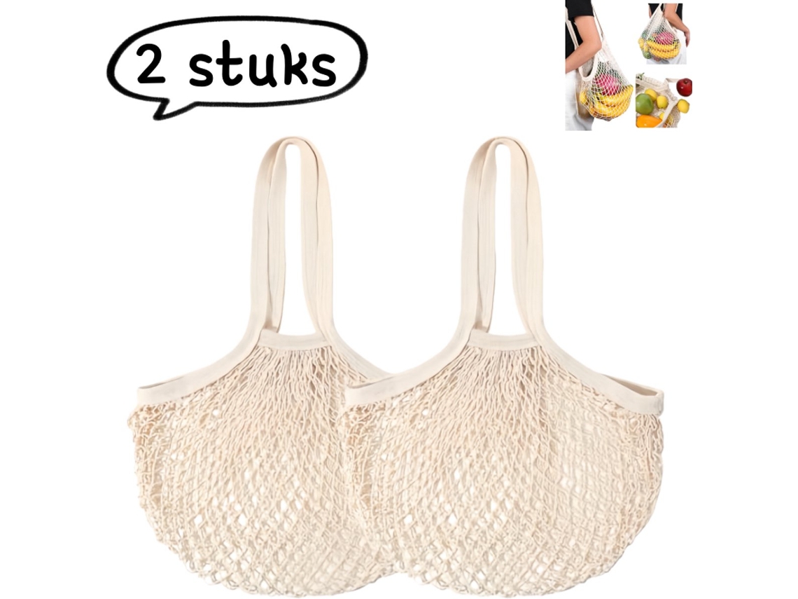 Conjunto De 2 Sacos De Compras De Malha De Algodão Com Alças, Cor Creme