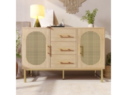 Aparador Em Rattan Com 3 Gavetas E 2 Portas Em Rattan, Cómoda, Toucador, Para Quarto E Sala, Prateleiras Ajustáveis