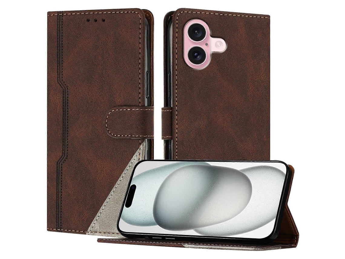 Capa De Couro Com Estampa Triangular E Suporte Tipo Carteira Para Iphone 16, À Prova De Choque
