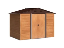 Abrigo Jardim Exterior 4,84m² 278x195x215 Cm Metálico com 2 Portas Correr e 4 Janelas Ventilação Madeira e Marrom