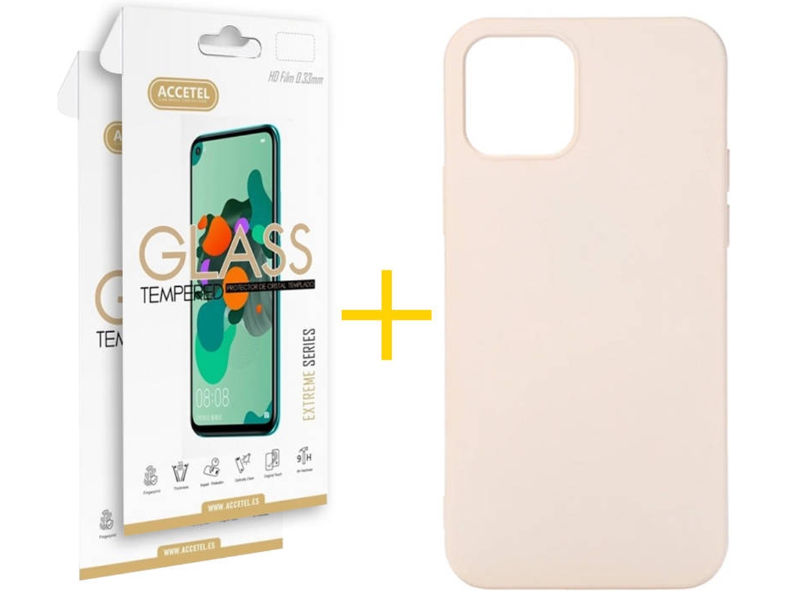 Kit Capa e Película Vidro 2X  iPhone 12 Pro Max Accetel Silicone Rosa