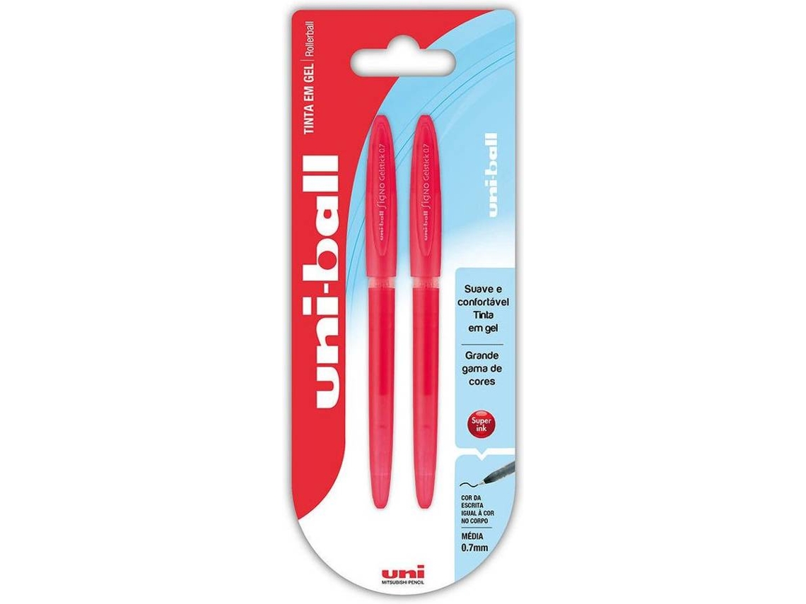 Uni-Ball Esferográfica Gel, Ponta Média, 0,7 mm, Vermelho, Embalagem 2 Unidades