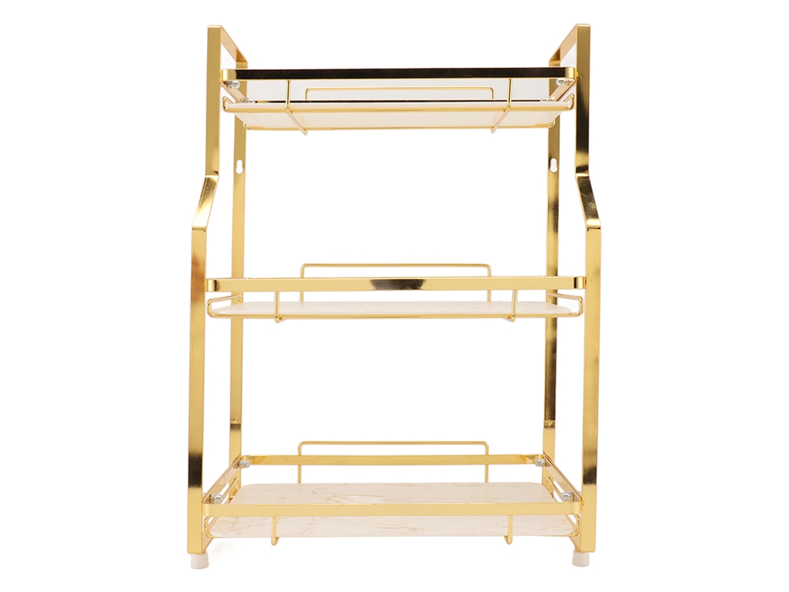 Rack de Armazenamento de Cantinho para Parede, 3 Andares, Branco e Dourado | S/MARCA
