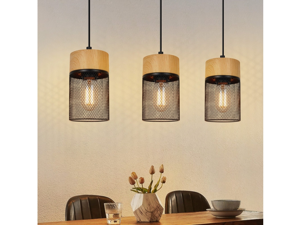 Nettlife Candeeiro Suspenso, Vintage Candeeiro Pendente Madeira Grão Mesa De Jantar Preto Industrial E27 25 W Luz Pendente, 10 Cm, Regulável