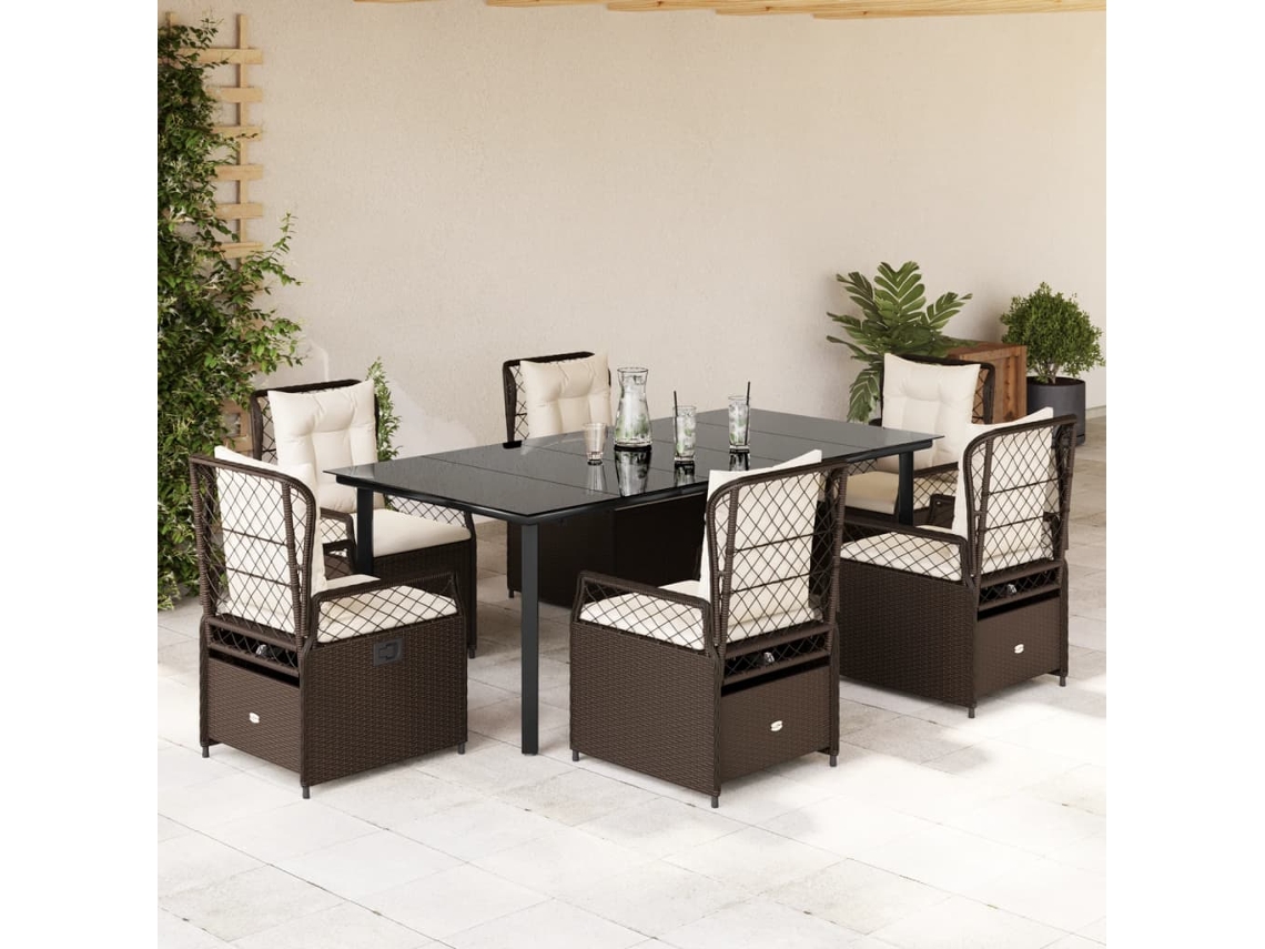 Vidaxl 7 Pcs Conjunto Jantar P/ Jardim C/ Almofadões Vime Pe Castanho