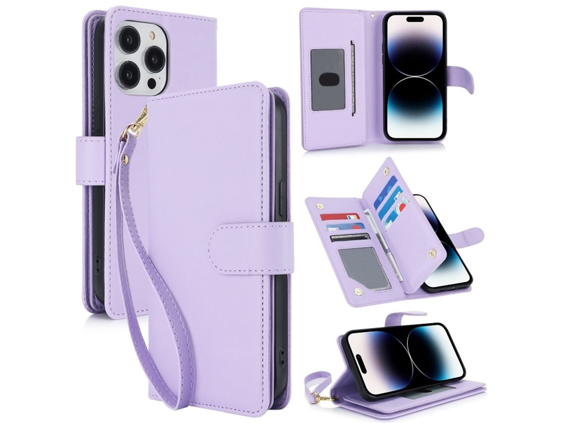 Capa Carteira De Couro Para Iphone 14 Pro Max - Com Rfid - Para Vários Cartões