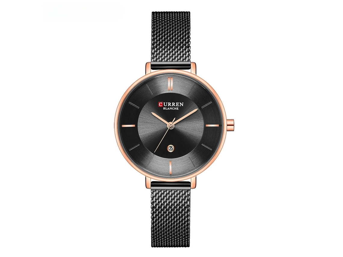 Relógio de Pulso com Cinto de Malha de Calendário de Quartzo Analógico de Moda Feminina Rose Shell Preto