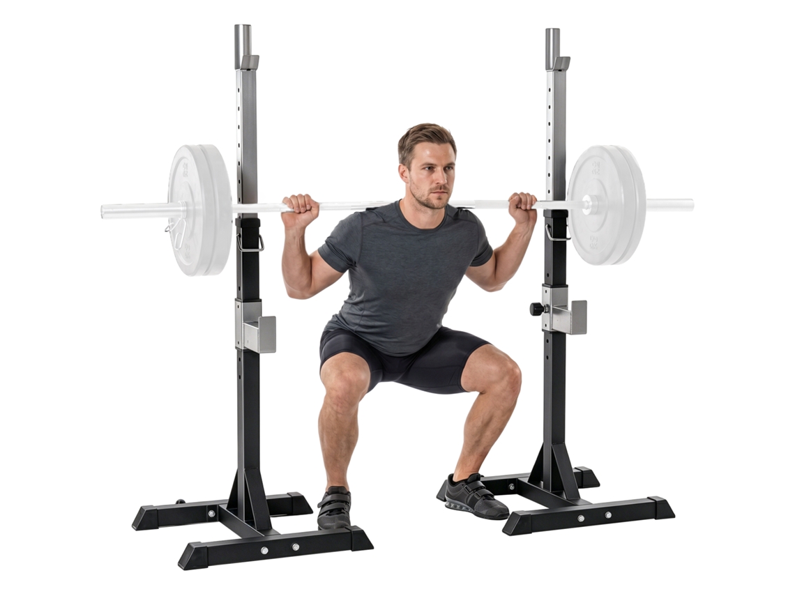Conjunto de 2 suportes de porta em aço. 2 ganchos com altura ajustável. Capacidade 150kg. 55x57x105 - 170cm. Preto.