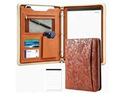 A4 Leather Multi Functional Zippered Portfolio, 3-ring Executive Binder, Embossed Print, Brown Cover With 25 A4