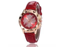 Relógio feminino de quartzo com pulseira de couro sintético e estampa floral com pedras (vermelho)