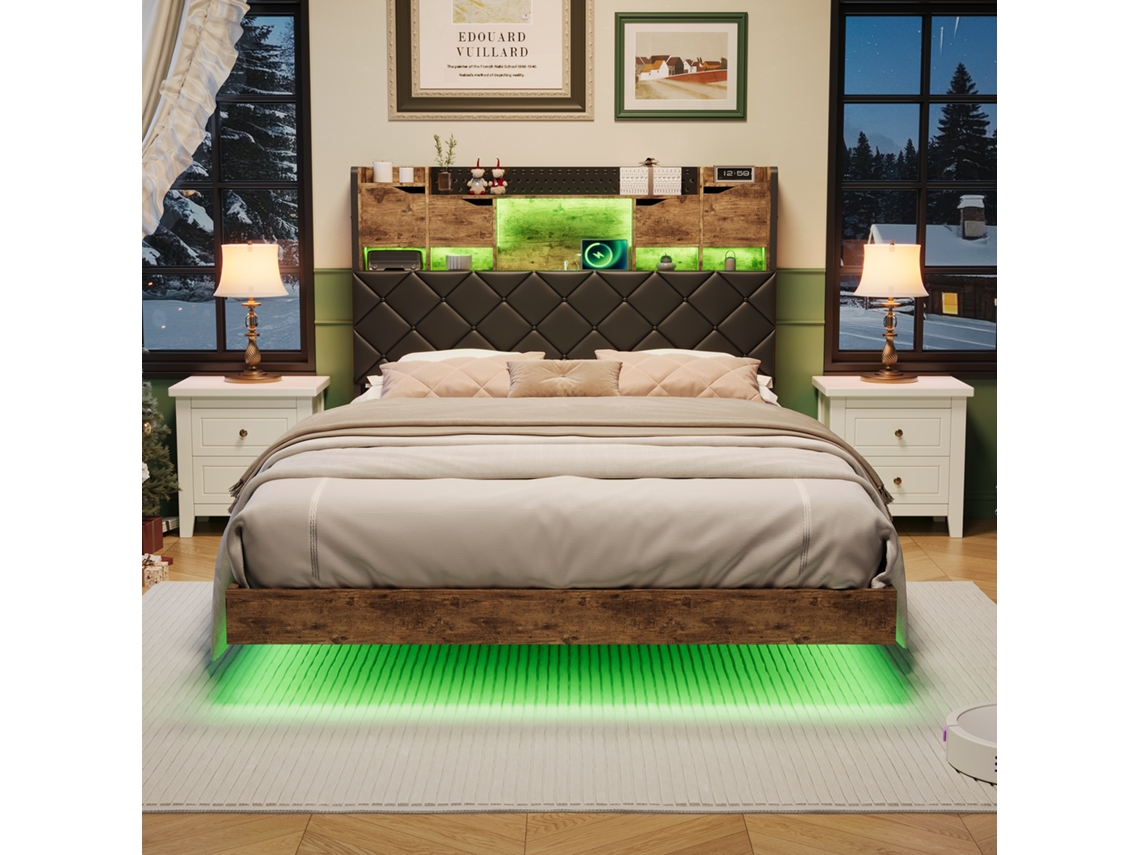 Cama Suspensa 160x200 Cm com Cabeceira, Arrumação, Iluminação Led, Portas Usb, SIMURQ